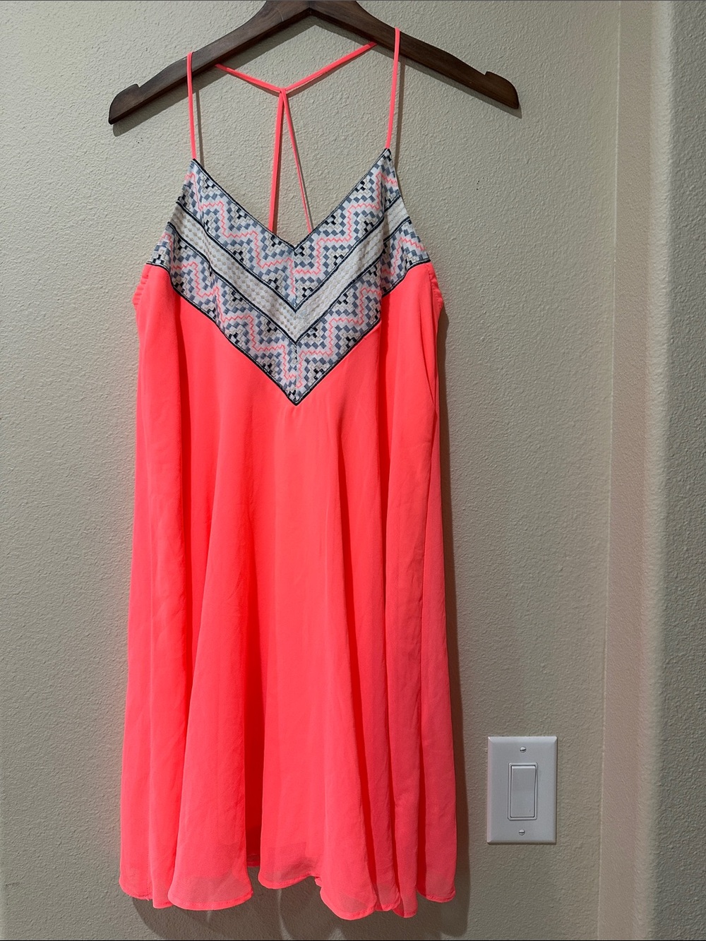 City Triangles Neon Coral Mini Dress with Printed Yoke